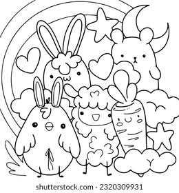 Cute Adult coloring page doodles, sketch coloring book for relaxing. Vector design. Farm, animals, fruit, heart, kawaii, star. 