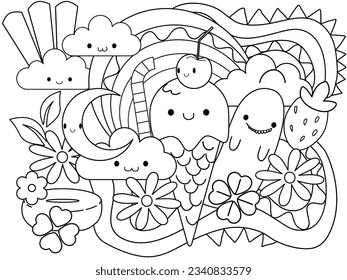 Cute Adult coloring page doodles, sketch coloring book for relaxing. Vector design. Cake, ice cream, strawberry , kawaii, moon, rainbow, cherry flower 