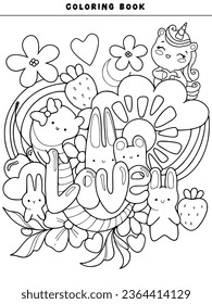 Cute Adult coloring page doodles, sketch coloring book for relaxing. Vector design. Cake, animals, candy, fruit, pineapple, heart, kawaii, star, rainbow for kids