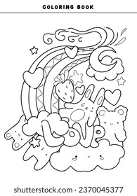 Cute Adult coloring page doodles, sketch coloring book for relaxing. Vector design. Cake, animals, candy, fruit, pineapple, heart, kawaii, star, rainbow, love, sun, bunny 