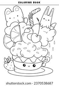 Cute Adult coloring page doodles, sketch coloring book for relaxing. Vector design. Cake, animals, candy, fruit, pineapple, heart, kawaii, star, rainbow, love, sun, bunny 