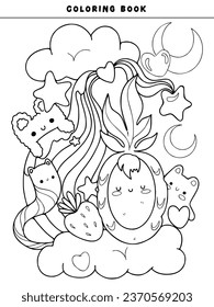 Cute Doodles de página para adultos coloreados, libro de dibujo para relajarse. Diseño de vectores. Pastel, animales, caramelos, fruta, piña, corazón, kawaii, estrella, arco iris, amor, sol, conejito 