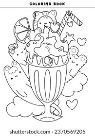 Cute Adult coloring page doodles, sketch coloring book for relaxing. Vector design. Cake, animals, candy, fruit, pineapple, heart, kawaii, star, rainbow, love, sun, bunny 