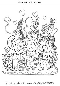 Cute Adult coloring page doodles, sketch coloring book for relaxing. Vector design. Cat, animals, flower, girl, kawaii rainbow for kids