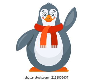 cute adult penguin in a scarf waves his paw. flat vector illustration.