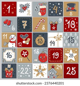 Cute Adventskalender. 25 Fenster, Zahlen. Schneemann, Weihnachtsgeschenk, heißer Schokoladenkrug, Süßigkeiten, Geschenke, Bonbons. Frische alte Retro-Cartoon-Figuren. Hässlicher Pullover. Schneefall, Schlittschuhe, heilig, Gold