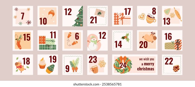 Calendário de advento bonito com Natal mão desenhado elementos cartoon. Cartaz de Natal. Bons desenhos de rabiscar. Ilustração vetorial	