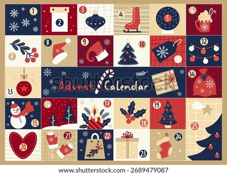 Cute Advent Calendar. Countdown Christmas. Xmas Numbers Template set. New Year Traditional symbol with snowman, gift, tree, sugar cane, skates, hot cocoa and mistletoe. Vector illustration. Not AI..