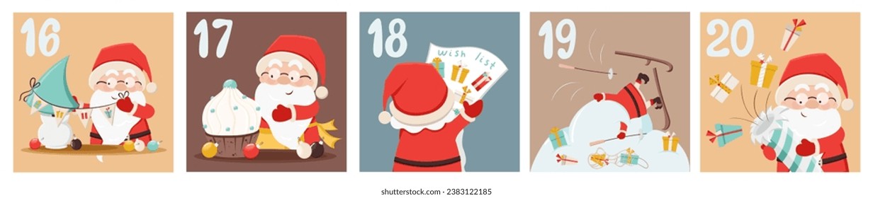 Cute advent calendar with Santa Claus, gift boxes, new year tree, presents, snow in cartoon style. Day 16, 17, 18, 19, 20. Countdown till 25. Christmas, New Year coloured vector illustration