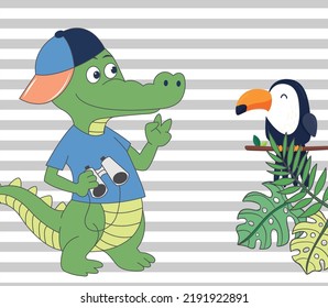 cute adventurer crocodile, cute crocodile with binocular, cute crocodile with toucan