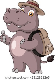 Cute adventurer explorer hippo con sombrero y mochilero