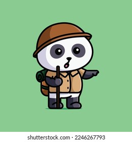 Cute adventurer explorer panda with hat and backpacker cartoon illustration vector animal nature