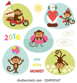 Cute adventures of little monkey - symbol of the year. 