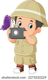 a cute adventurous boy is observing a butterfly and carrying a camera of illustration