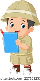 a cute adventurous boy is observing and taking notes about the nature around him of illustration