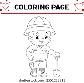 bonito garoto aventureiro poses com pá escavação tesouro coloração página para crianças