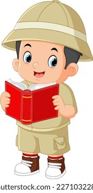 un lindo chico aventurero está leyendo un libro de leyendas populares de la ilustración