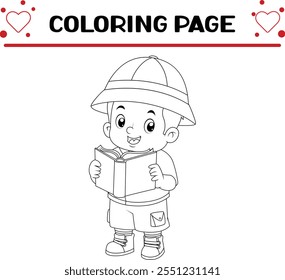 cute adventurous boy is reading book folk legends coloring page for kids