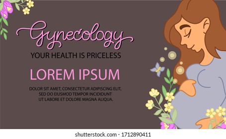 Cute advertising flyer Gynecology your ealth is priceless. Pregnant hildbearing, childbirth, fertility, woman's health, public health. Vector isolated graphic design elements and illustrations.