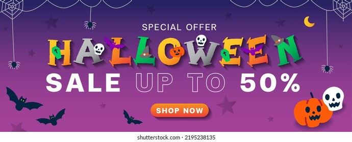 Cute advertising Halloween cartoon online marketing promotion sale up to 50% web banner invitation card vector violet background ghost, skull, pumpkin, jack o lantern, bat, spider web shop now button