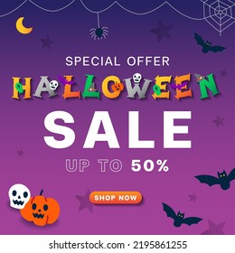 Cute advertising Halloween cartoon online marketing promotion sale up to 50% square web banner invitation card vector violet background skull, pumpkin, jack o lantern, bat, spider web shop now button