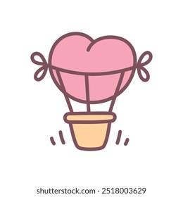 Cute aerostat icon. Hand drawn illustration of a heart-shaped hot air balloon isolated on a white background. Kawaii St. Valentine day sticker. Vector 10 EPS.