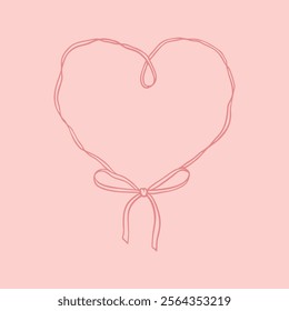 Cute aesthetic boho heart ribbon frame with tied bows. French style decoration. Modern minimalist girly design elements. Coquette and flirtatious drawing. Wavy irregular shape