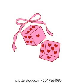 Cute aesthetic coquette dice with heart. Red heart love core dice. Dice with bow. Vector illustration for 14 February holiday.