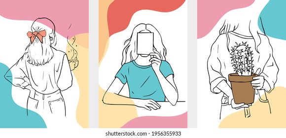 Cute aesthetic girls, romantic illustrations with paster colours. Line art