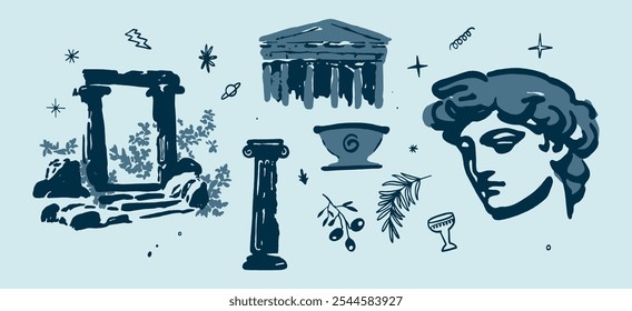 Cute Aesthetic Greek Classic Aesthetic Statues Bust Temple Mythology, Greek Columns Illustration Vector Set	