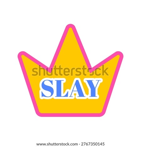 Cute aesthetic smile with slay crown sticker for graphic girly badge. Y2k cool emoji with positive trendy abstract for media shape minimal. Icon happy frame with flower digital awesome.