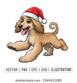 Cute Afghan Hound Puppy in Santa Hat - Christmas Cartoon Vector Illustration