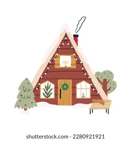 Edificio de marco A con decoración navideña, ilustración vectorial plana de dibujos animados aislada en fondo blanco. Casa acogedora en el bosque. Nieve en el techo, árbol de Navidad, banco y corona en la puerta.