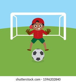 Cute aframerican goalkeeper vector illustration. Goalkeeper prepares to take a penalty. Cartoon kid play football game. Sport training child.