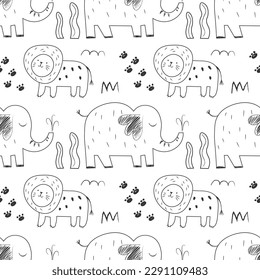 Cute africa doodle line jungle animals seamless pattern. Vector hand drawn illustration. EPS