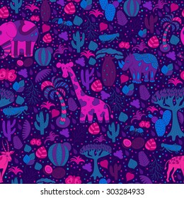 Cute Africa seamless pattern with wild animals from savanna: giraffe, elephant, rhino, antelope. Vector background with insects butterfly, locust, ant. 