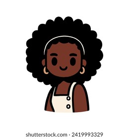 Joven africana Cute Con Ilustración Del Vector Bandana. Mujer afroamericana con caricatura de barrena Chibi Caricatura de mascota Clipart. Ilustración vectorial de moda en estilo de dibujos planos.