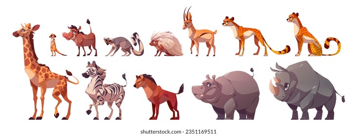 Conjunto de ilustraciones de vectores animales del zoológico de áfrica. Graciosa colección de caracteres de safari de dibujos animados salvajes con cebra, jirafa, rinocerontes, leopardo e hiena. Diseño de iconos de la fauna salvaje de Savanna