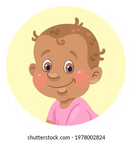 Cute African American baby avatar icon. In the yellow circle. In cartoon style. Isolated on white background. Vector illustration