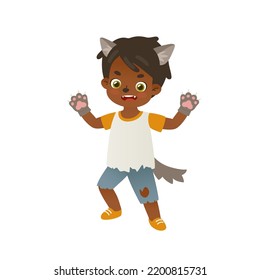 Cute african american baby boy in halloween werewolf costume. Adorable little wolf kid.