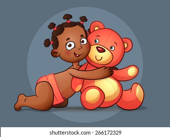 Cute African American baby girl. Happy African Child Vector Illustration and Teddy Bear.