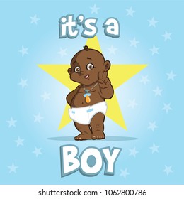 Cute African American baby, Greeting card it is a boy on star background cartoon vector illustration