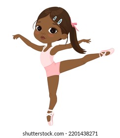 Cute African American Ballerina Girl Dancing. Little Dark Skin Girl Wearing Pink Training Dancewear. Dance Gymnastics Training. Ballerina Costume