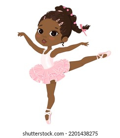 Cute African American Ballerina Girl Dancing. Little Dark Skin Girl in Pink Tutu Dress and Pointe