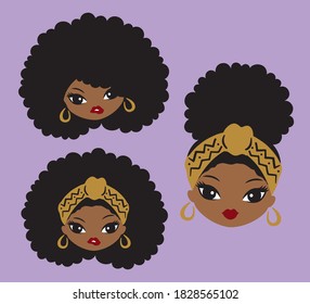 Cute African American black girl with natural afro hair and head wrap vector illustration.