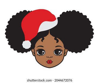 Cute African American black girl with afro puff hair and a Christmas Santa hat vector illustration.