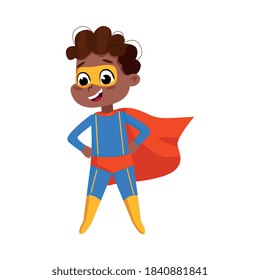 Cute African American Boy in Blue Superhero Costume and Red Cape, Adorable Kid Superhero Standing with Hands on his Waist Character Cartoon Style Vector Illustration