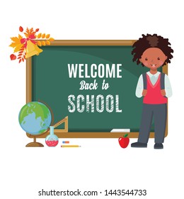 Cute African American boy with chalkboard, books and school supplies isolated on white background. Pupil in uniform. Back to School cartoon card. Education concept. Vector illustration.