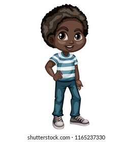 Cute African American Boy Character  Isolated on White Background. Cartoon Vector Young Kid Wearing Casual Clothes