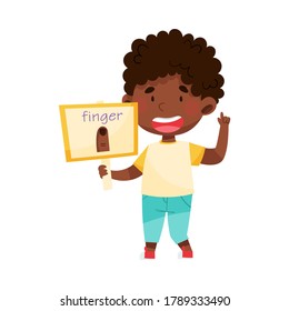 Cute African American Boy Character Holding Flashcard with Finger Image Vector Illustration